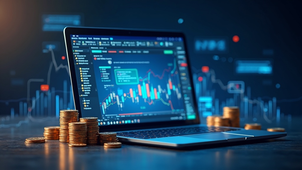 A laptop surrounded by digital charts and stacks of coins, representing affiliate marketing and program research.