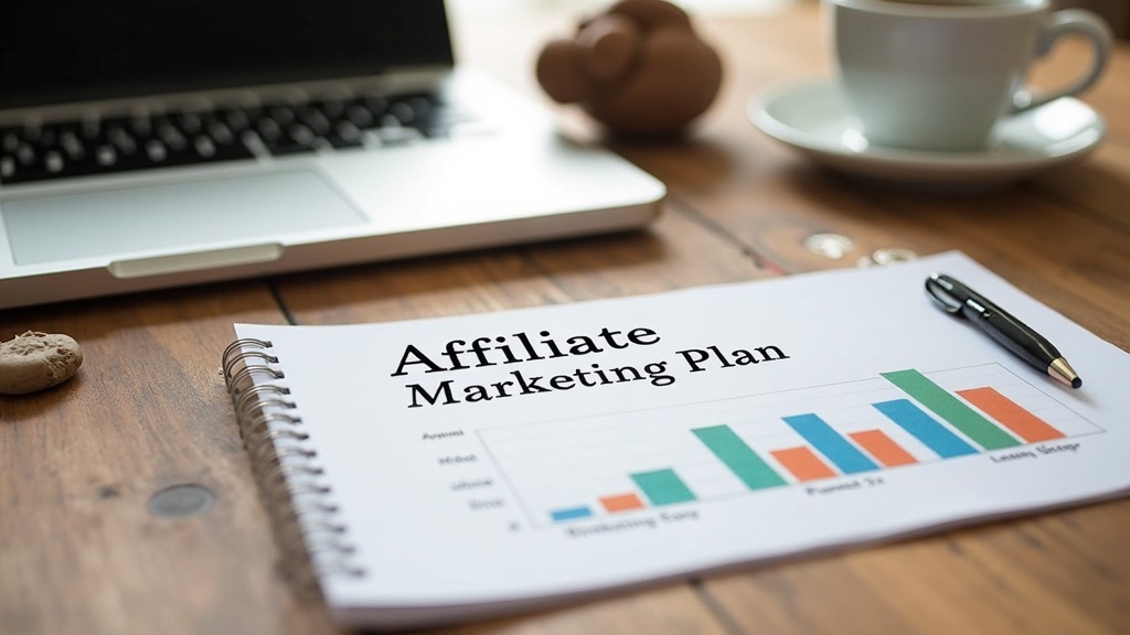 Affiliate marketing concept with laptop, graphs, and website stats on a table
