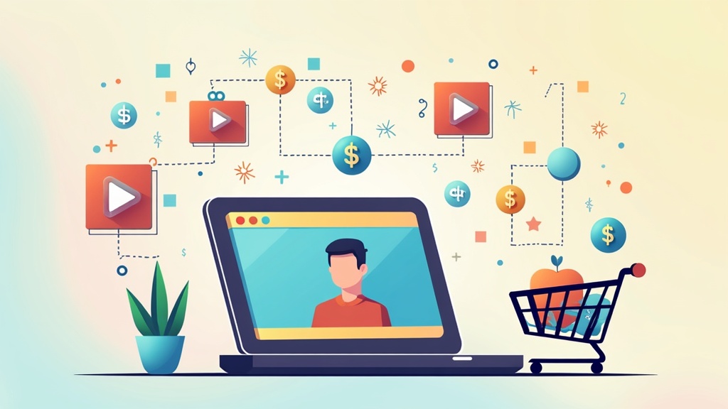 An illustration showing a laptop, money, shopping cart, and connected online icons representing affiliate marketing.